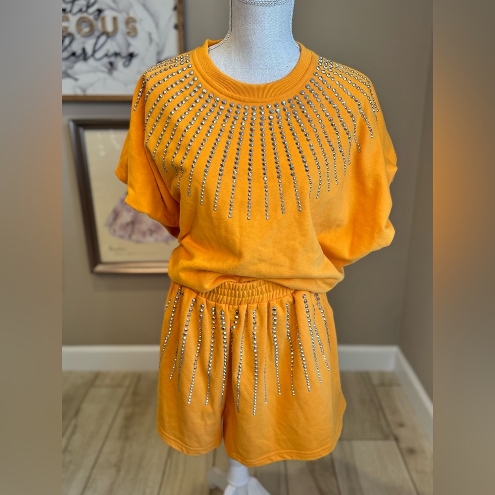 QUEEN OF SPARKLES Orange Short Sleeve Studded Tee & Shorts Set